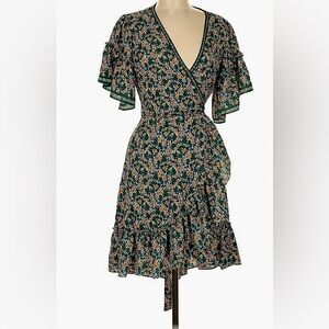 Max Studio Ruffled Hem/Sleeves Mini Dress – Floral of Hunter Green/Gold/White